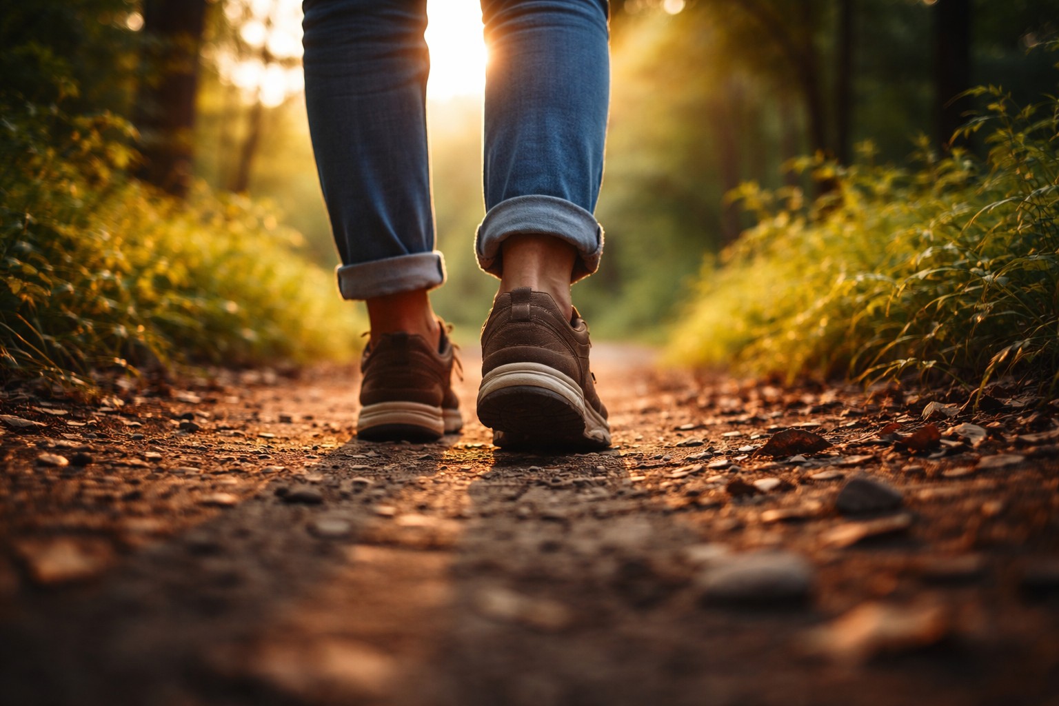 Person in Jeans und Schuhen auf einem Waldweg im warmen Sonnenlicht.