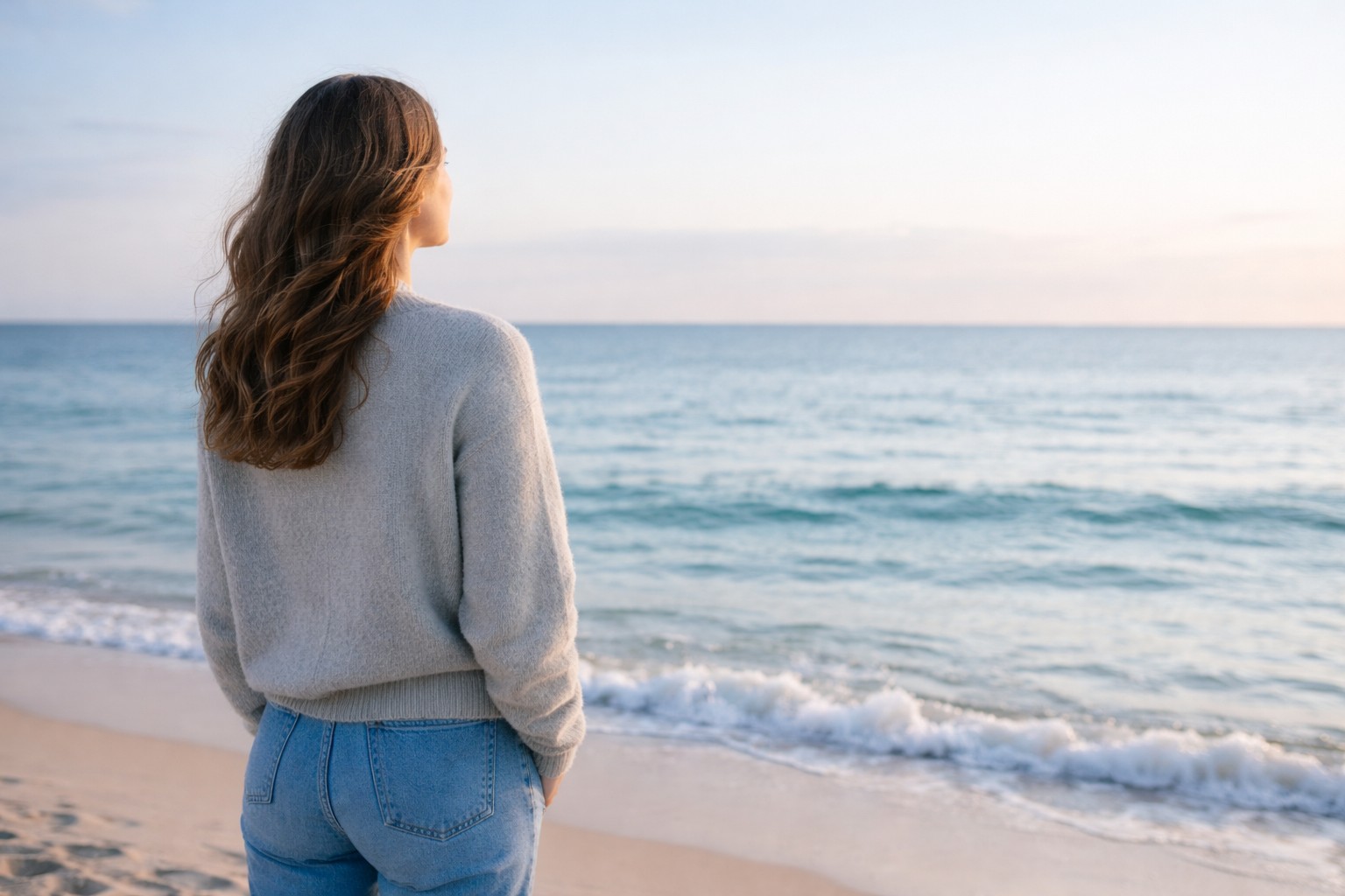 Eine Frau blickt am Strand auf das Meer und den Horizont.