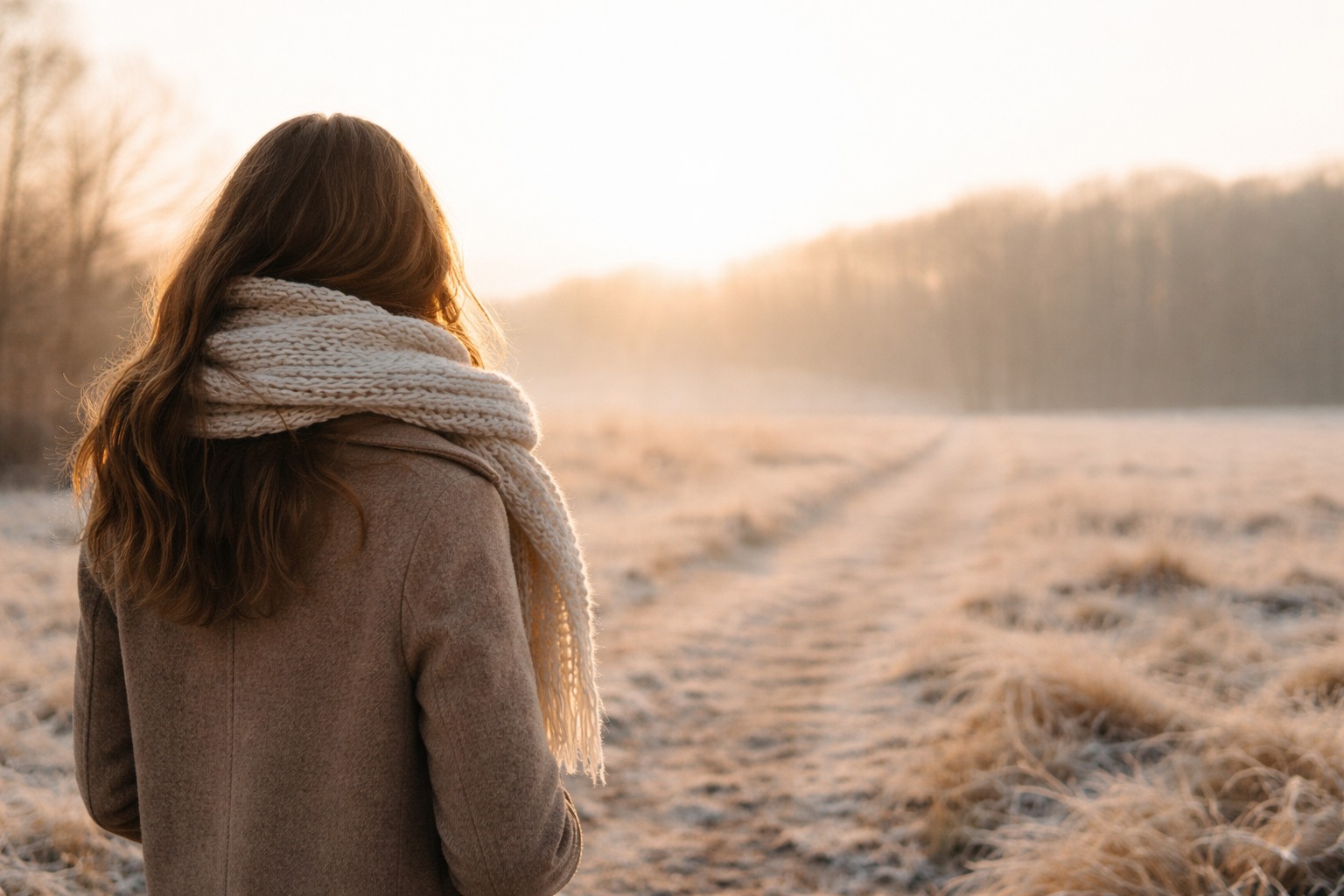 Eine Frau blickt auf einen winterlichen Weg im Morgenlicht.