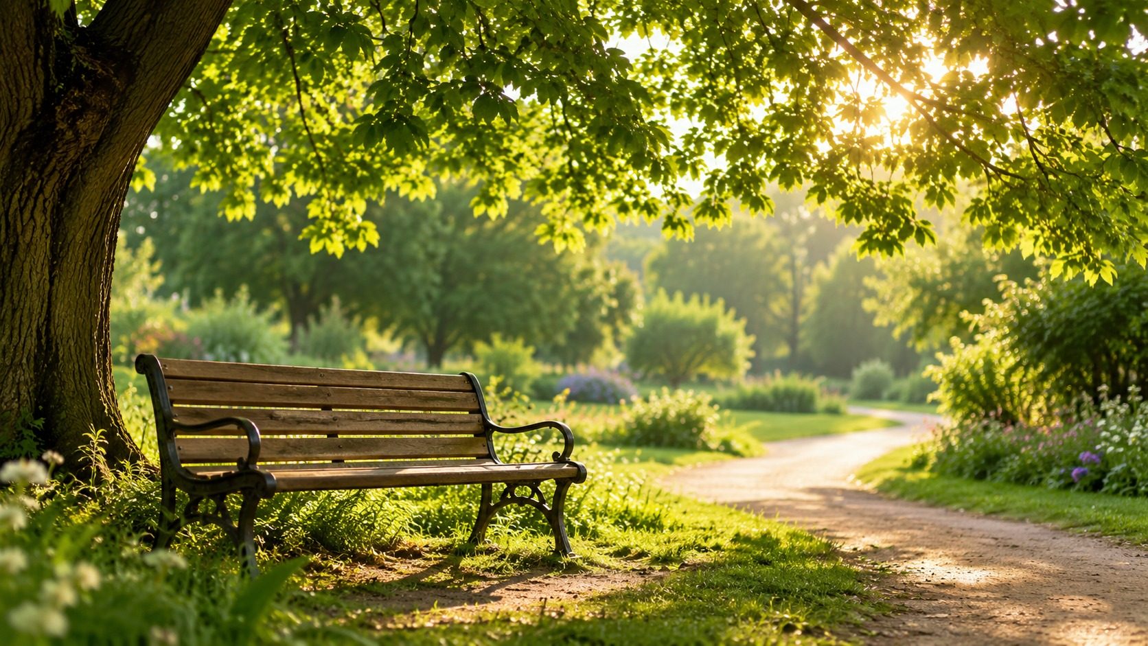 Eine Bank unter einem Baum neben einem sonnigen Gartenweg.