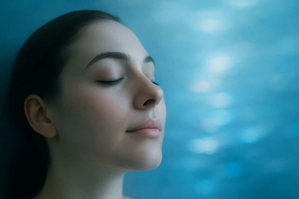 Frau mit geschlossenen Augen in friedlicher Entspannung während einer Hypnose