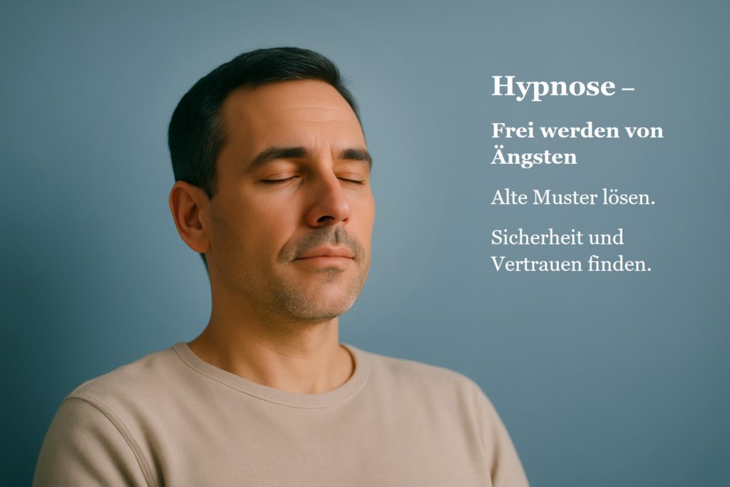 Entspannter Mann vor blaugrauem Hintergrund – Hypnose bei Ängsten in der Praxis Kathrin Nake Dresden