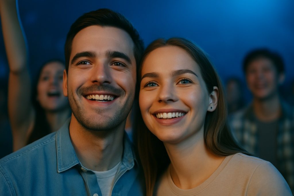Glückliches Paar mit offenem, entspanntem Lächeln in blauer Lichtstimmung